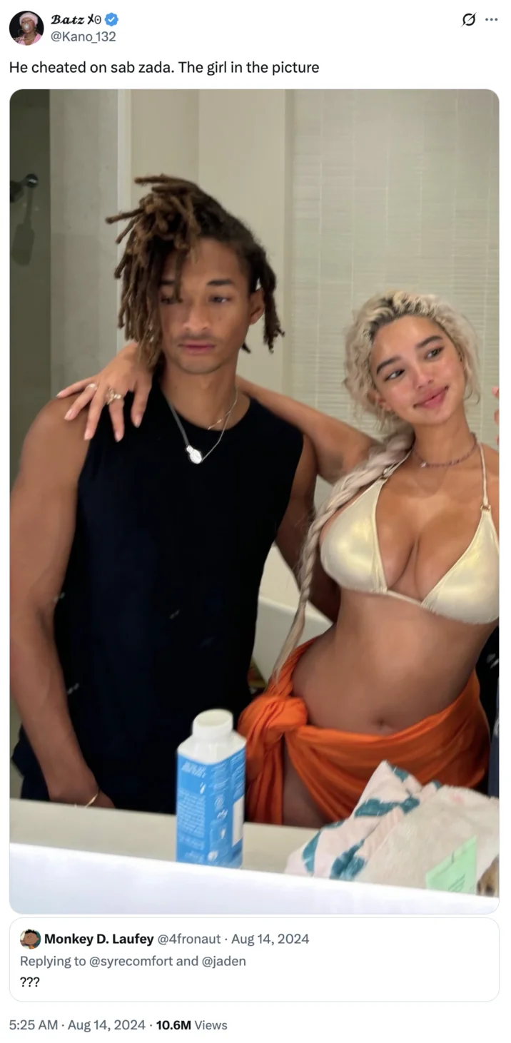 Jaden Smith Fumbling Sab Zada — Tweet accusing Jaden Smith of cheating on Sab Zada with attached bathroom photo
