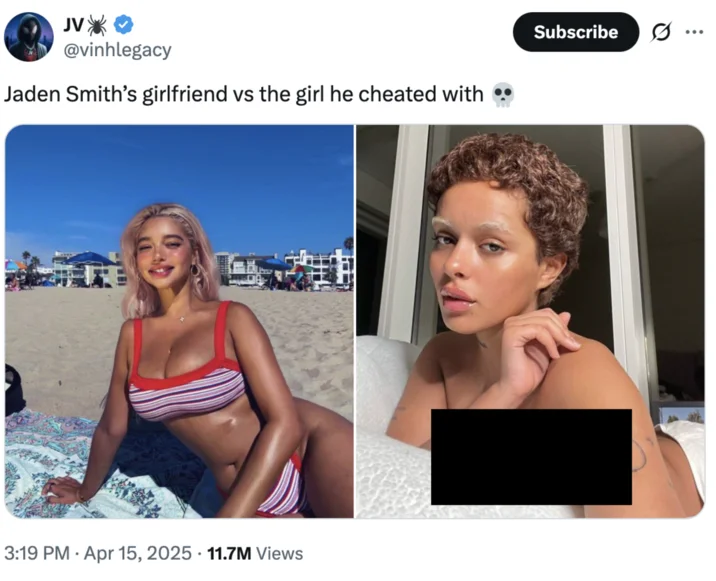Jaden Smith Fumbling Sab Zada — Tweet comparing Jaden Smith's girlfriend to the woman he allegedly cheated with