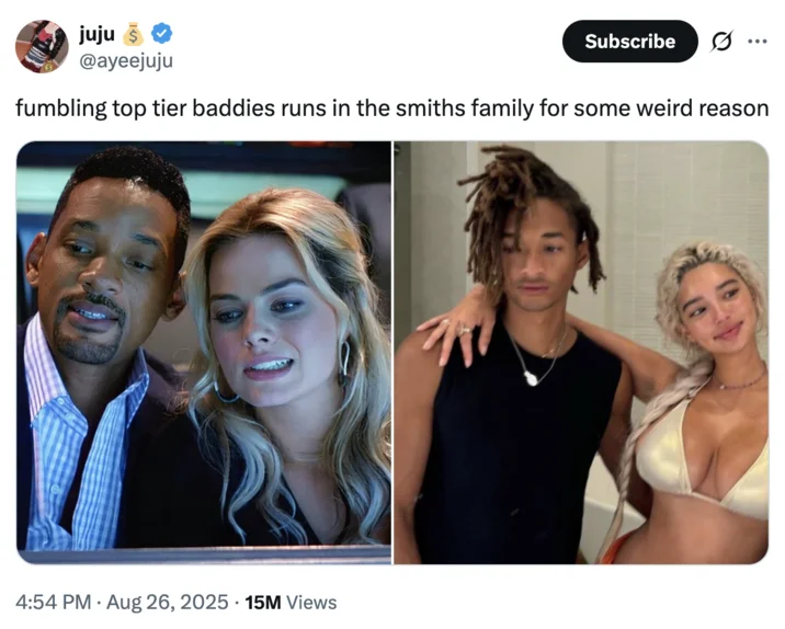 Jaden Smith Fumbling Sab Zada — Tweet comparing Will and Jaden Smith fumbling their partners