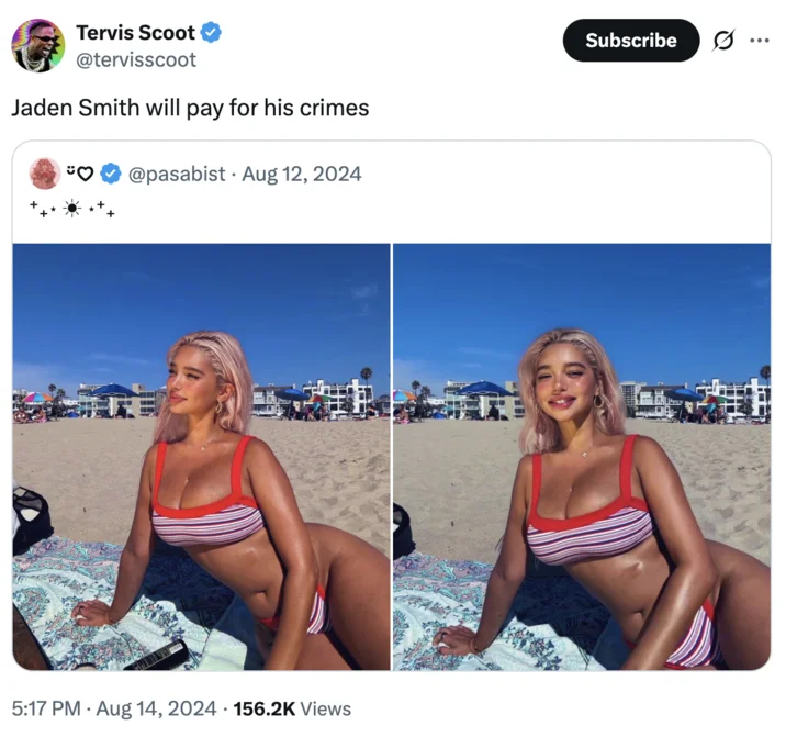 Jaden Smith Fumbling Sab Zada — Tweet joking that Jaden Smith will pay for his crimes, showing beach photos of a blonde woman