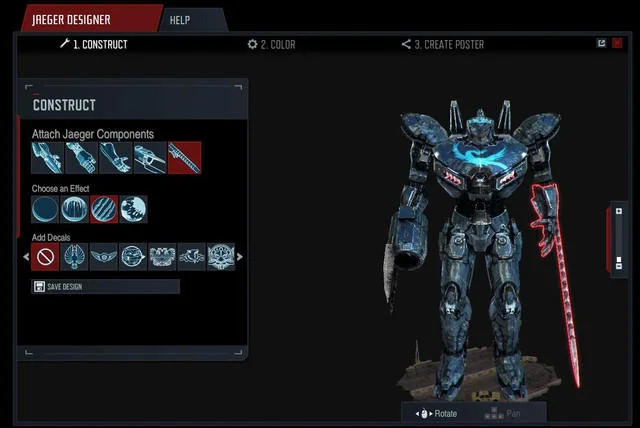 Jaeger Designer — JREGER DESIGNER HELP 1. CONSTRUCT 2.COLOR 3. CREATE POSTER 凹 CONSTRUCT Attach Jaeger Components Choose an Elfect Add Decals SAVE DES GN