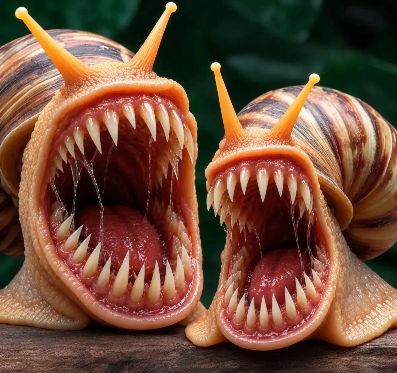 Jak Does Snacks — Two AI-generated snails with terrifying rows of sharp fangs and open mouths