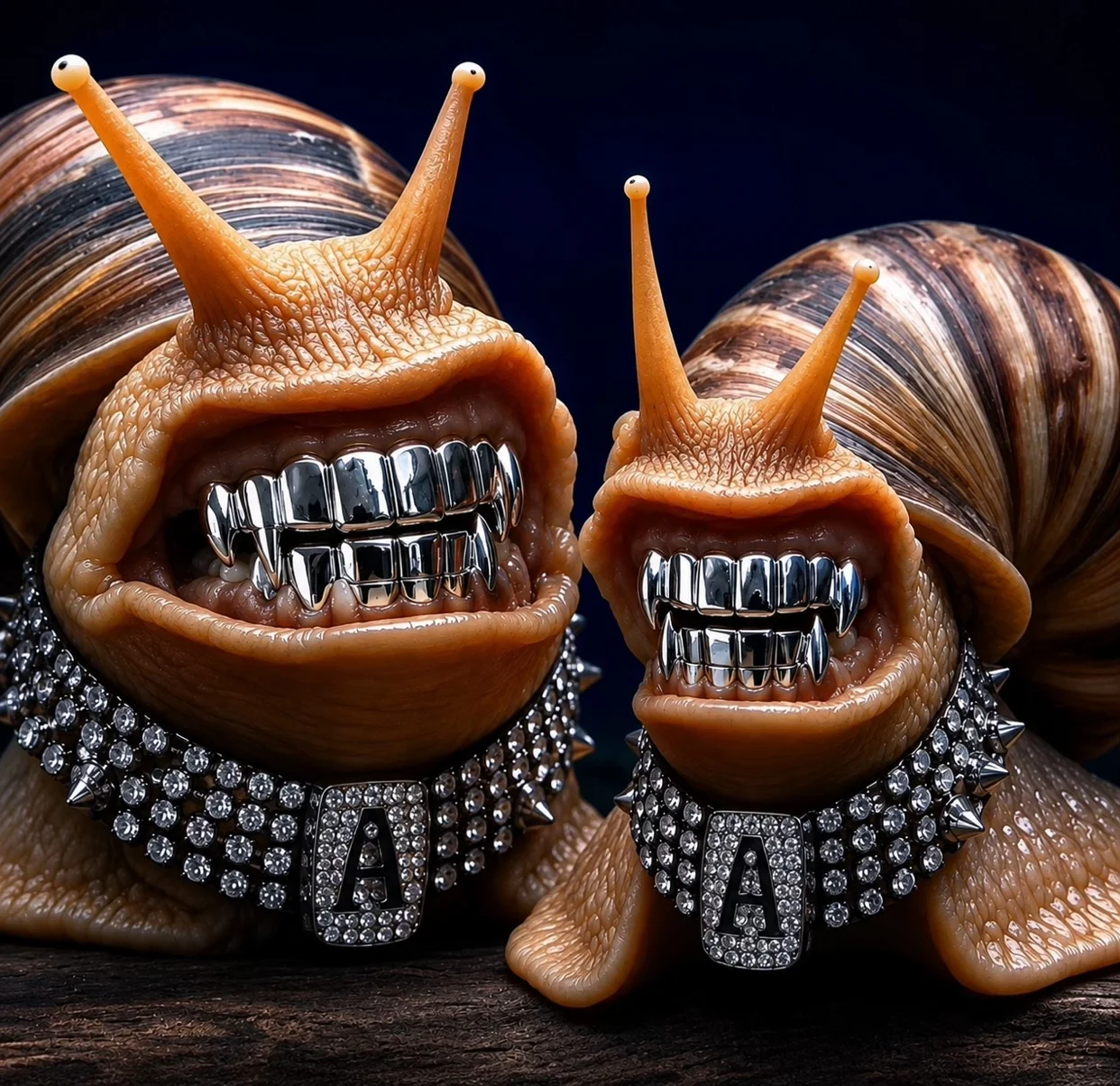 Jak Does Snacks — Two AI-generated snails with silver grillz teeth and diamond spiked collars