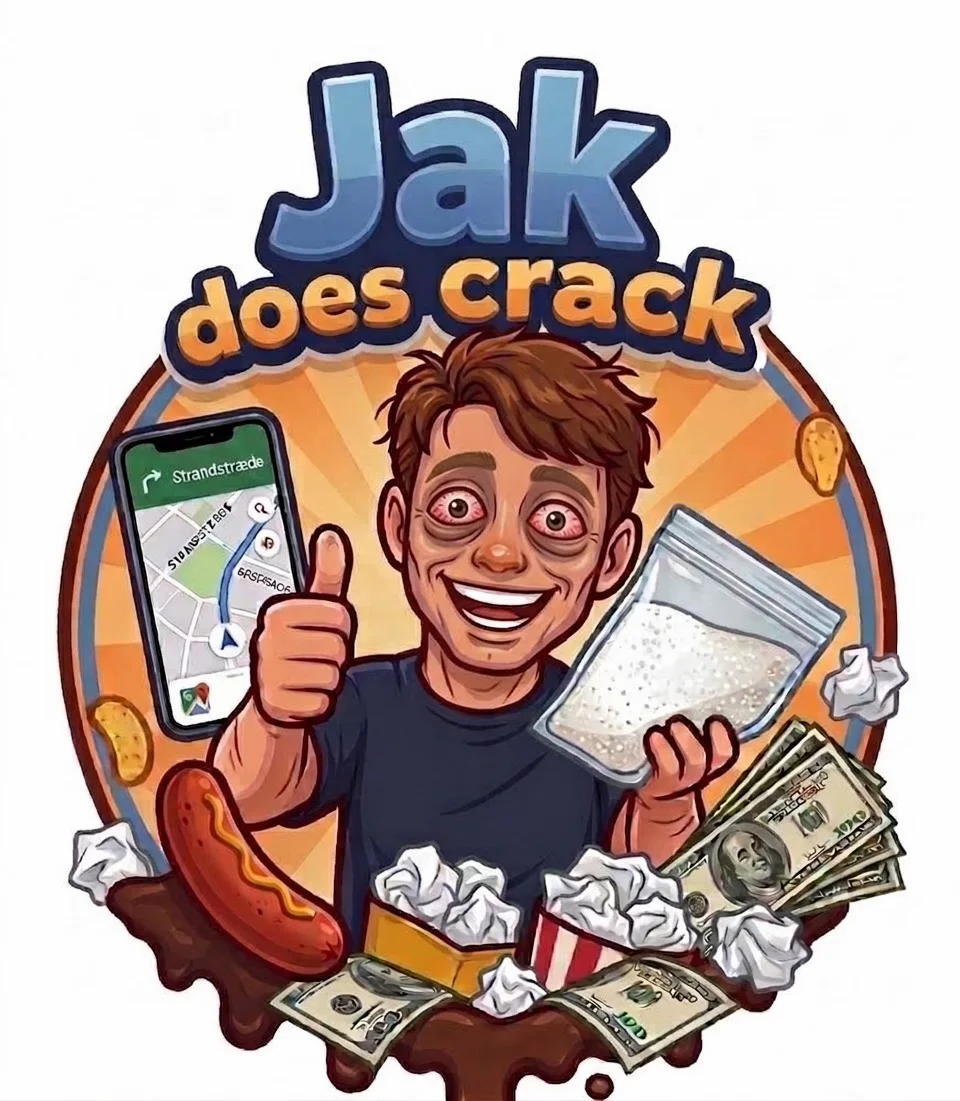 Jak Does Snacks — Jak does crack parody logo with red-eyed cartoon boy holding drugs and cash