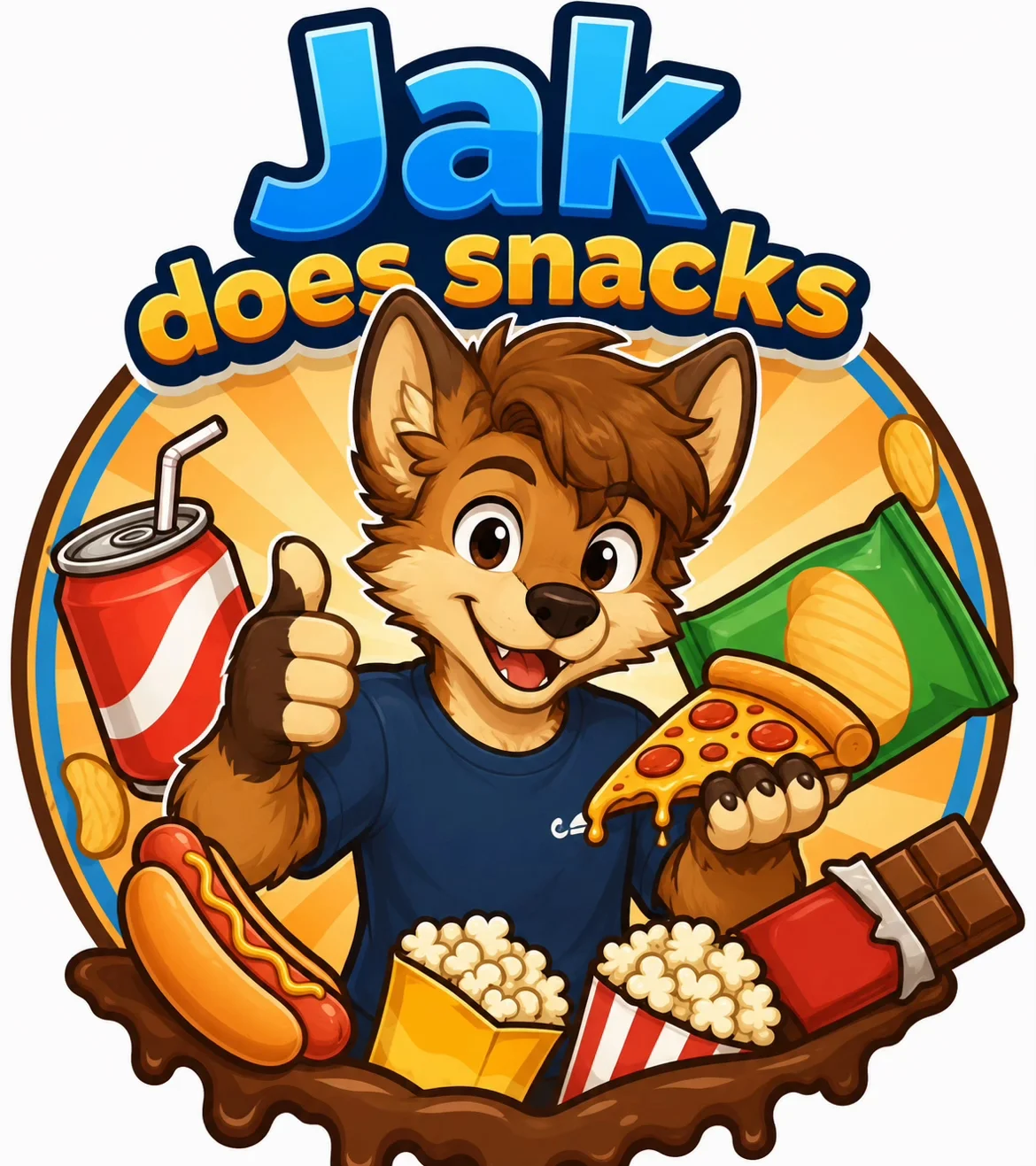 Jak does snacks logo with cartoon wolf character holding soda and pizza surrounded by snacks