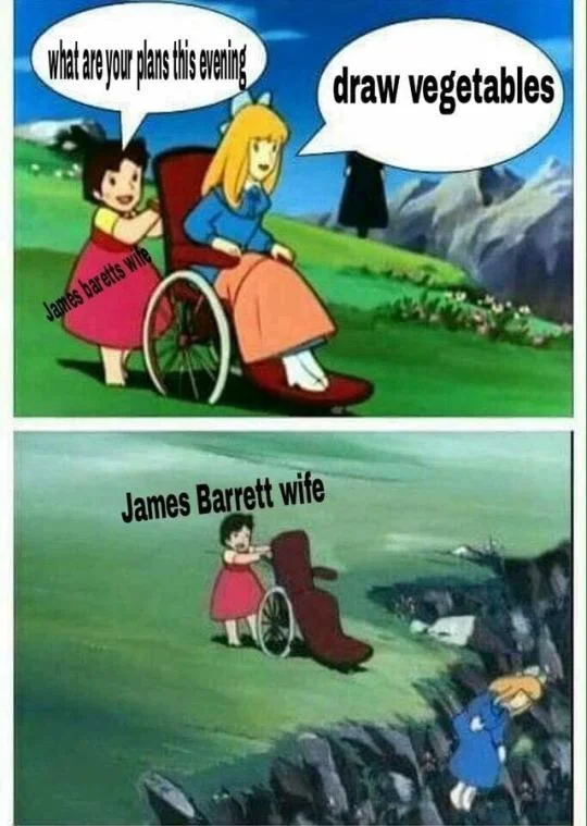 James Barretts Wife — A two-panel meme featuring animated female characters where one asks about evening plans and responds 'draw vegetables,' with 'James