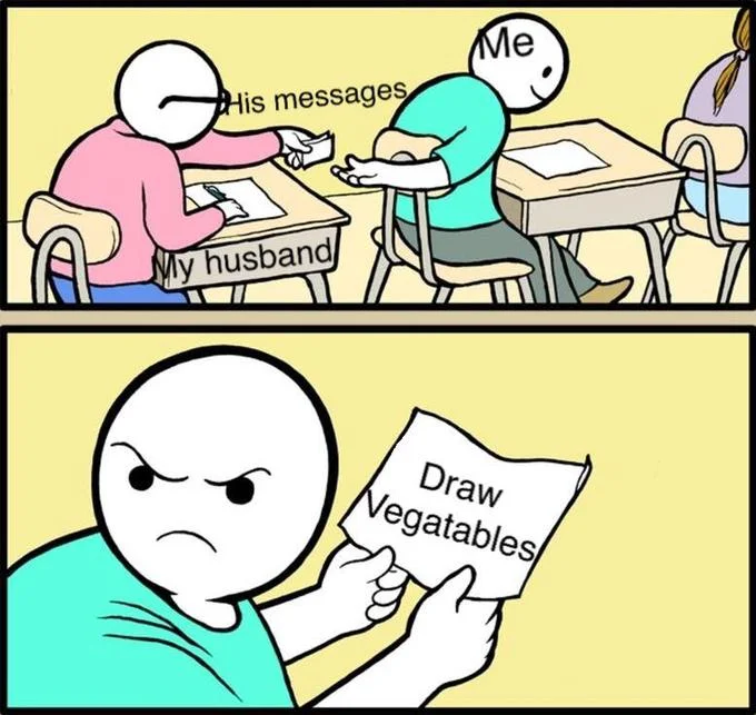 James Barretts Wife — A two-panel black and white comic meme showing a classroom scene with labels for 'His messages,' 'Me,' 'My husband,' and 'Draw