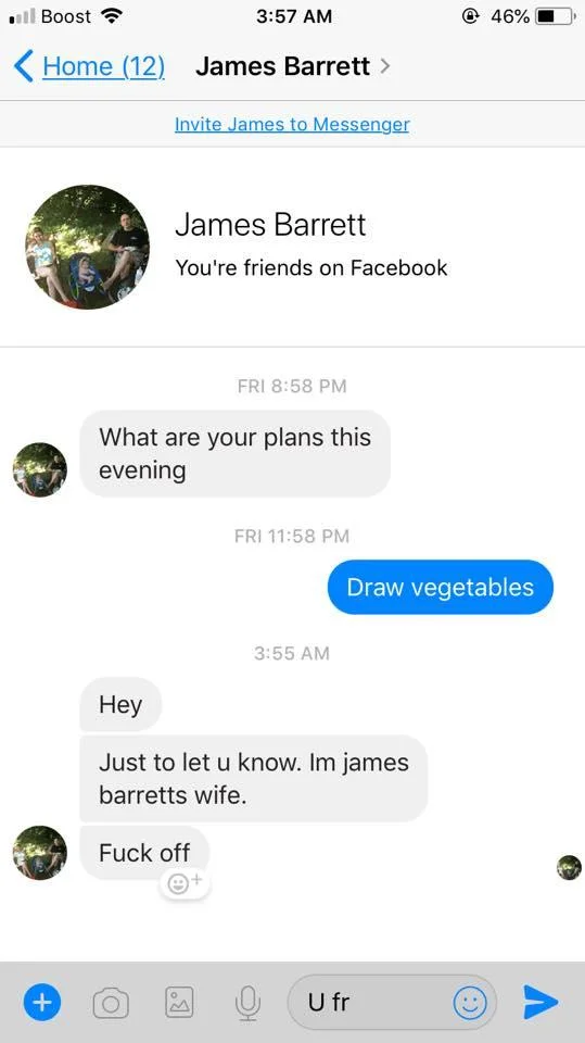 Screenshot of a Facebook Messenger conversation where someone messages 'Draw vegetables' and receives the response 'Just to let u know. Im james barretts wife.'