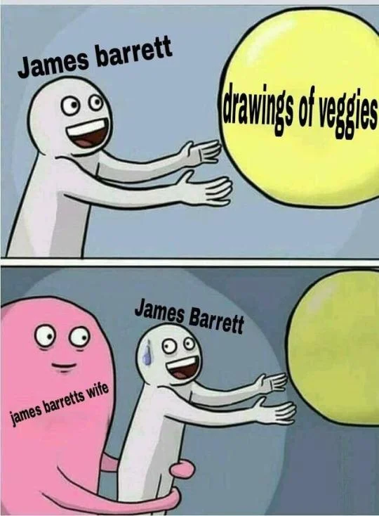 A two-panel meme with stick figures on a light blue background showing 'James barrett' offering 'drawings of veggies' and 'James barretts wife' in a pink