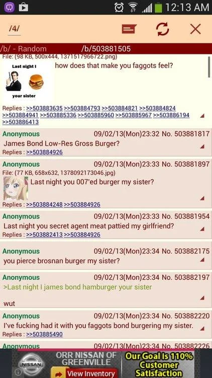 James Bond Burger Last Night I X Y Your Sister — Mobile screenshot of a 4chan /b/ thread with users guessing the meaning of the James Bond burger image.
