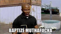 James Doakes Surprise Motherfucker — James Doakes photoshopped wearing a white clerical collar with text 'BAPTIZE MUTHAFUCKA' in impact font.