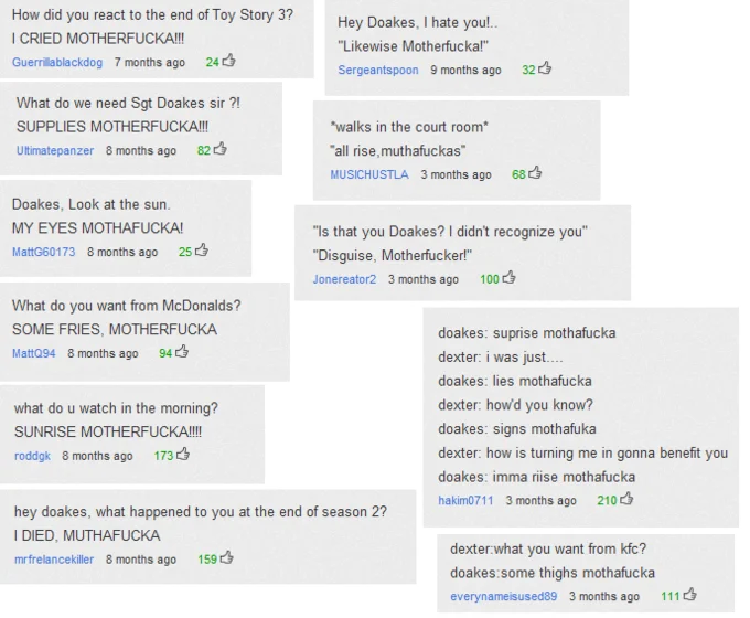 James Doakes Surprise Motherfucker — A screenshot of YouTube or website comments featuring user-submitted Doakes Motherfucker puns and rhyming variations.