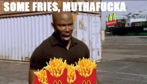 James Doakes Surprise Motherfucker — James Doakes with McDonald's french fry containers and signage edited around him, text reading 'SOME FRIES, MUTHAFUCKA.'
