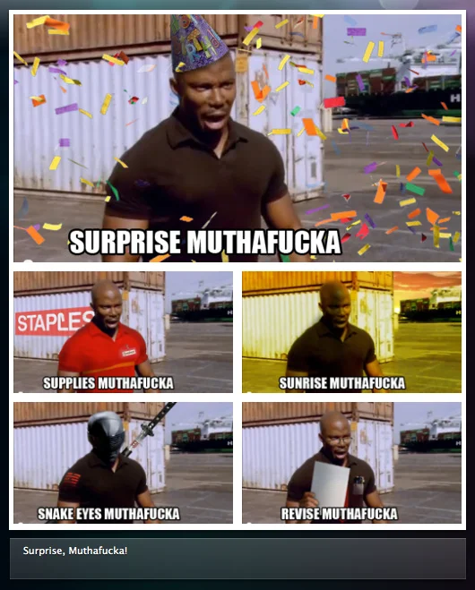 James Doakes Surprise Motherfucker — A five-panel layout showing James Doakes wearing a party hat with confetti and variants including Supplies, Sunrise, Snake