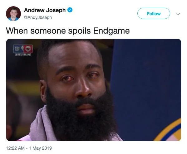 James Harden's Red Eyes — Andrew Joseph tweet using red-eyed James Harden as a reaction to Avengers Endgame spoilers.