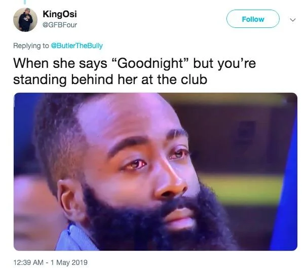 James Harden's Red Eyes — KingOsi tweet using the red-eyed James Harden image as a reaction to catching a girl out at the club.