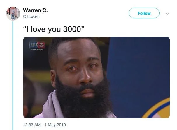 James Harden's Red Eyes — Warren C. tweet using red-eyed James Harden with the Endgame line I love you 3000.