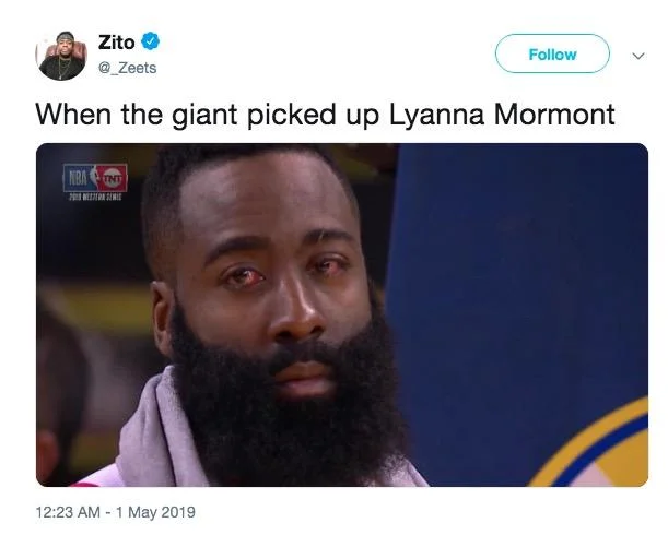James Harden's Red Eyes — Tweet by Zito joking about Game of Thrones's Lyanna Mormont with the red-eyed James Harden photo attached.