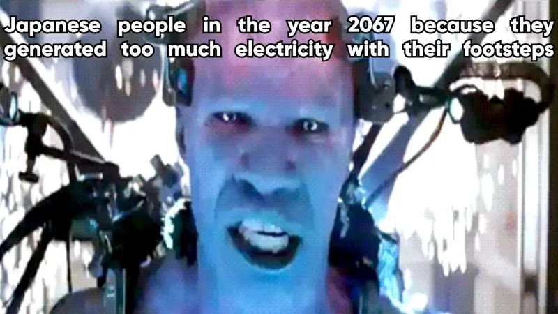 Japan Is Turning Footsteps Into Electricity Copypasta — Digital-distorted face with text 'Japanese people in the year 2067 because they generated too much