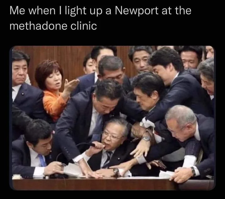 Japanese Parliament Trying To Stop Shinichi Yokoyama — Parliament meme captioned 'Me when I light up a Newport at the methadone clinic'