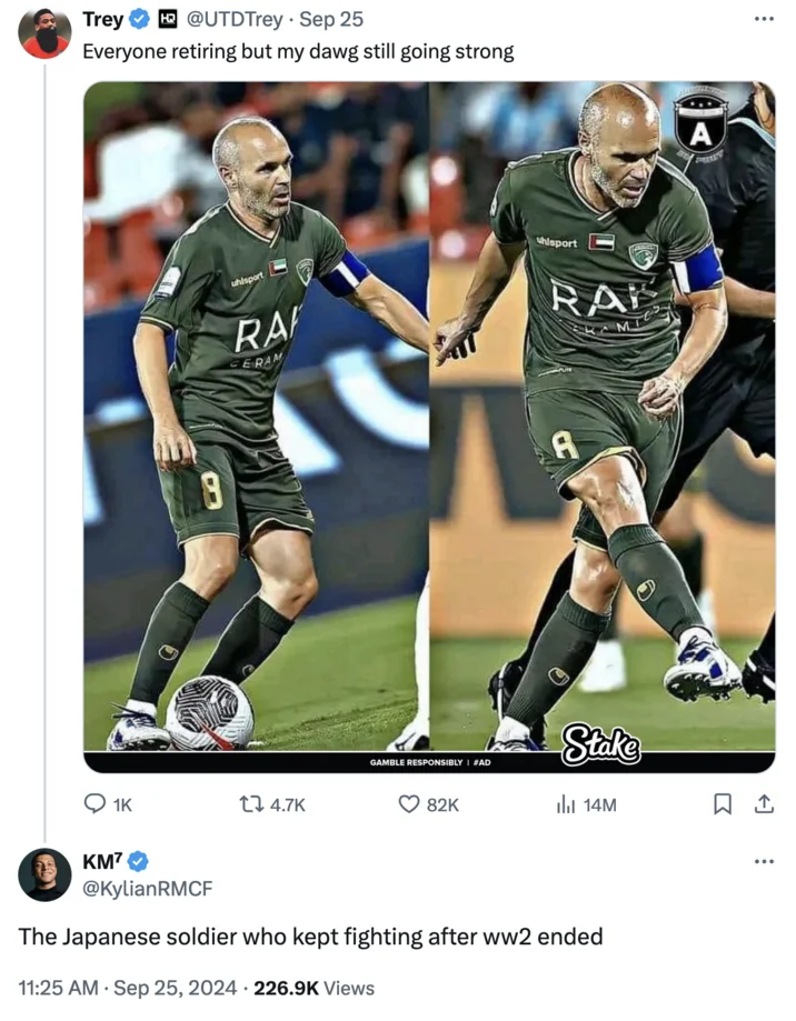 Japanese Soldier Who Kept Fighting 29 Years After Wwii — A tweet from @KylianRMCF using the meme catchphrase to mock footballer Iniesta still playing for an