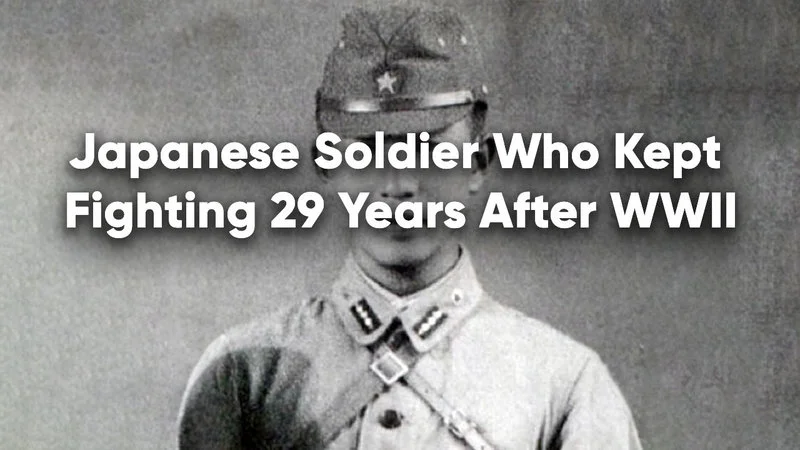 A black and white historical photograph of Hiroo Onoda in full Imperial Japanese Army uniform with white text overlay reading 'Japanese Soldier Who Kept