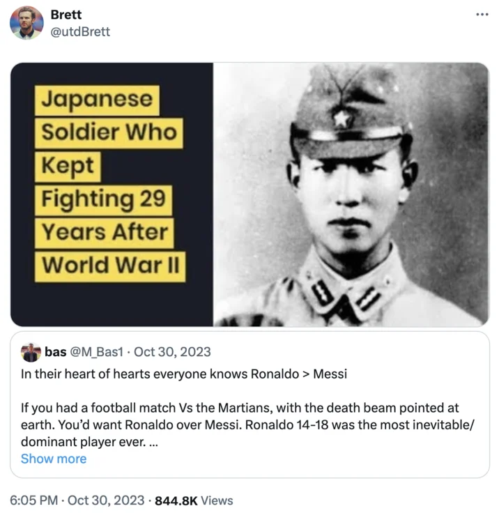Japanese Soldier Who Kept Fighting 29 Years After Wwii — A tweet from @utdBrett showing the canonical meme image in response to claims that Ronaldo is better
