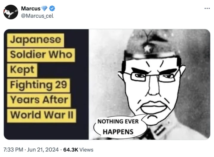 Japanese Soldier Who Kept Fighting 29 Years After Wwii — A tweet overlaying a 'Nothing Ever Happens' wojak illustration onto the canonical meme image replacing