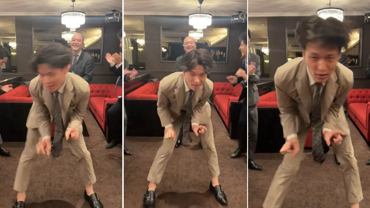 Japanese Tyranno Dance — Three-panel sequence of a man in a tan suit crouching and dancing like a T-rex with arms tucked while suited onlookers laugh on a red