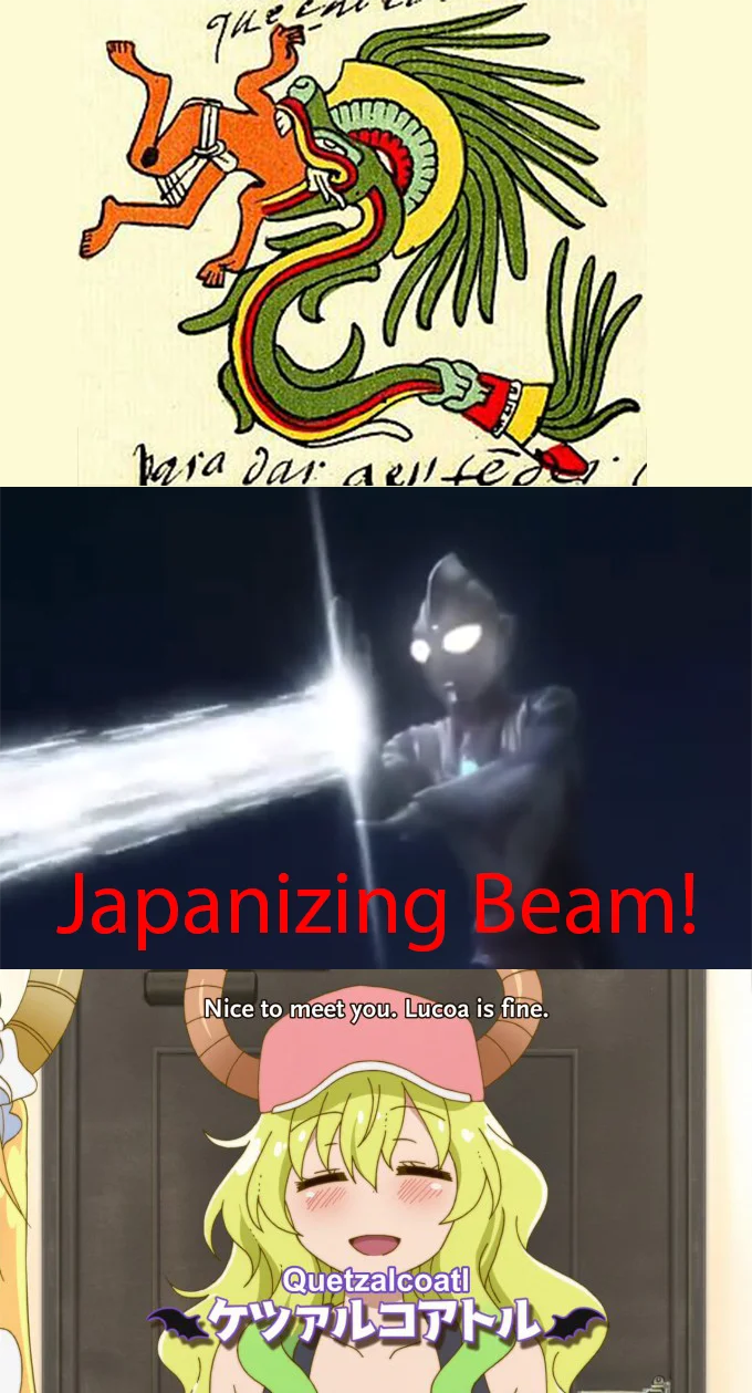 Three-panel Japanizing Beam meme transforming Quetzalcoatl into an anime dragon maid