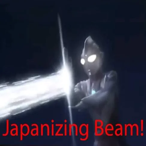 Ultraman firing a bright white beam with red 'Japanizing Beam!' text