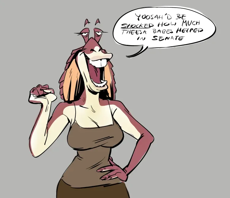 Fan cartoon of a female Gungan character speaking in Jar Jar Binks' dialect