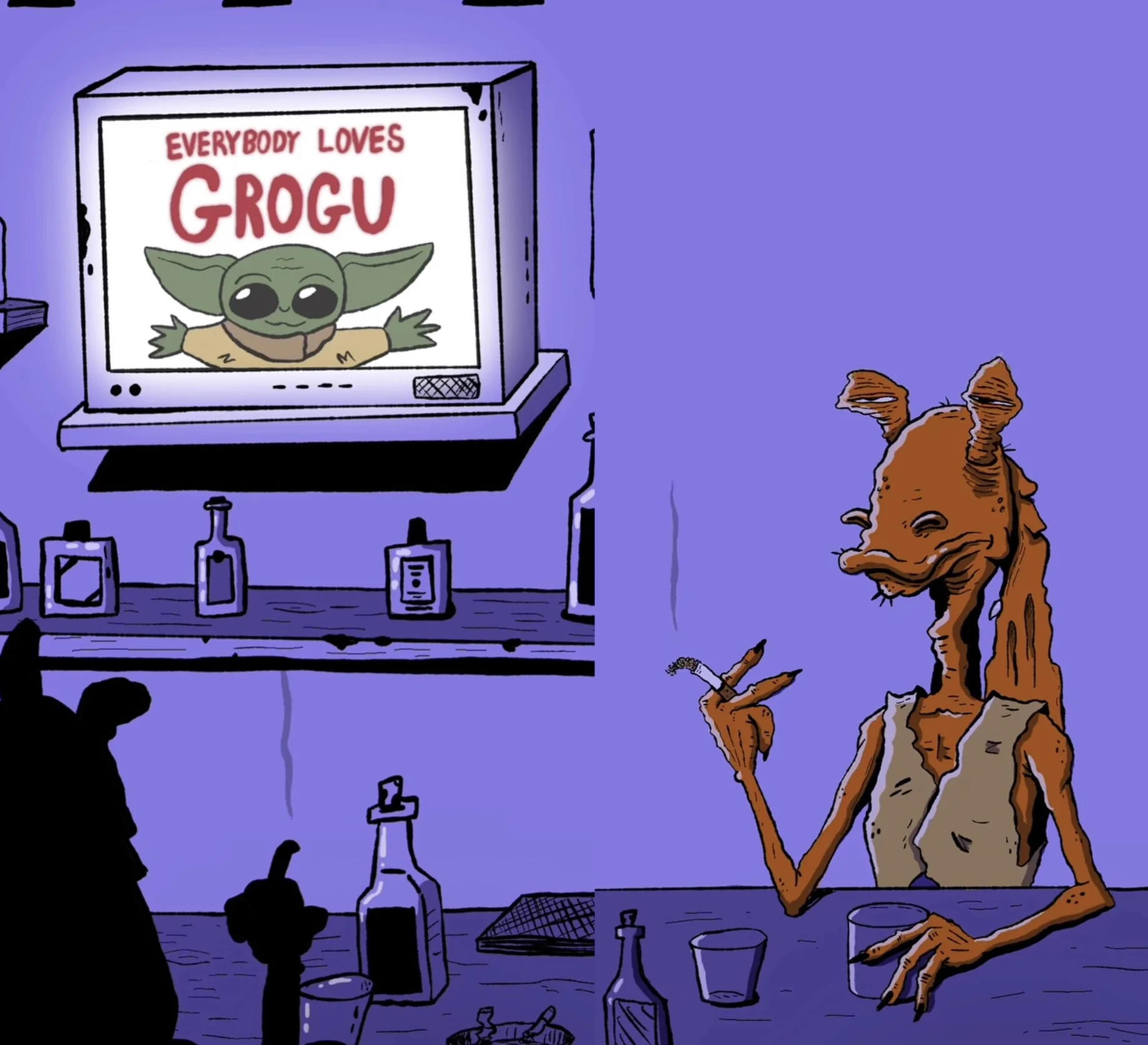 Cartoon of Jar Jar Binks smoking at a bar while a TV shows Everybody Loves Grogu