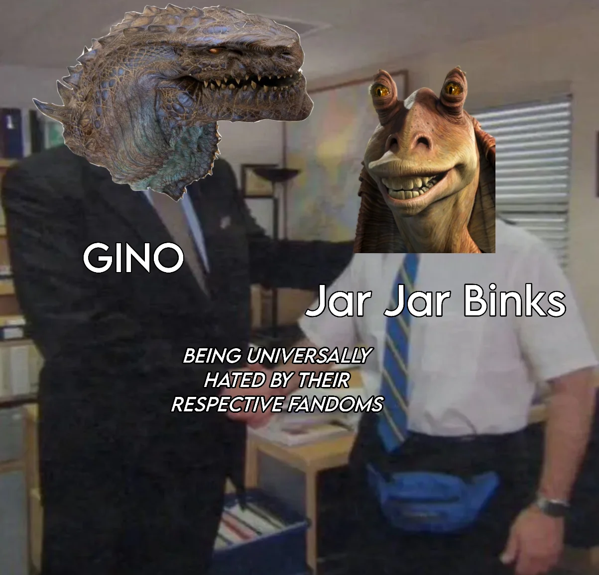 The Office handshake meme comparing Godzilla Gino and Jar Jar Binks