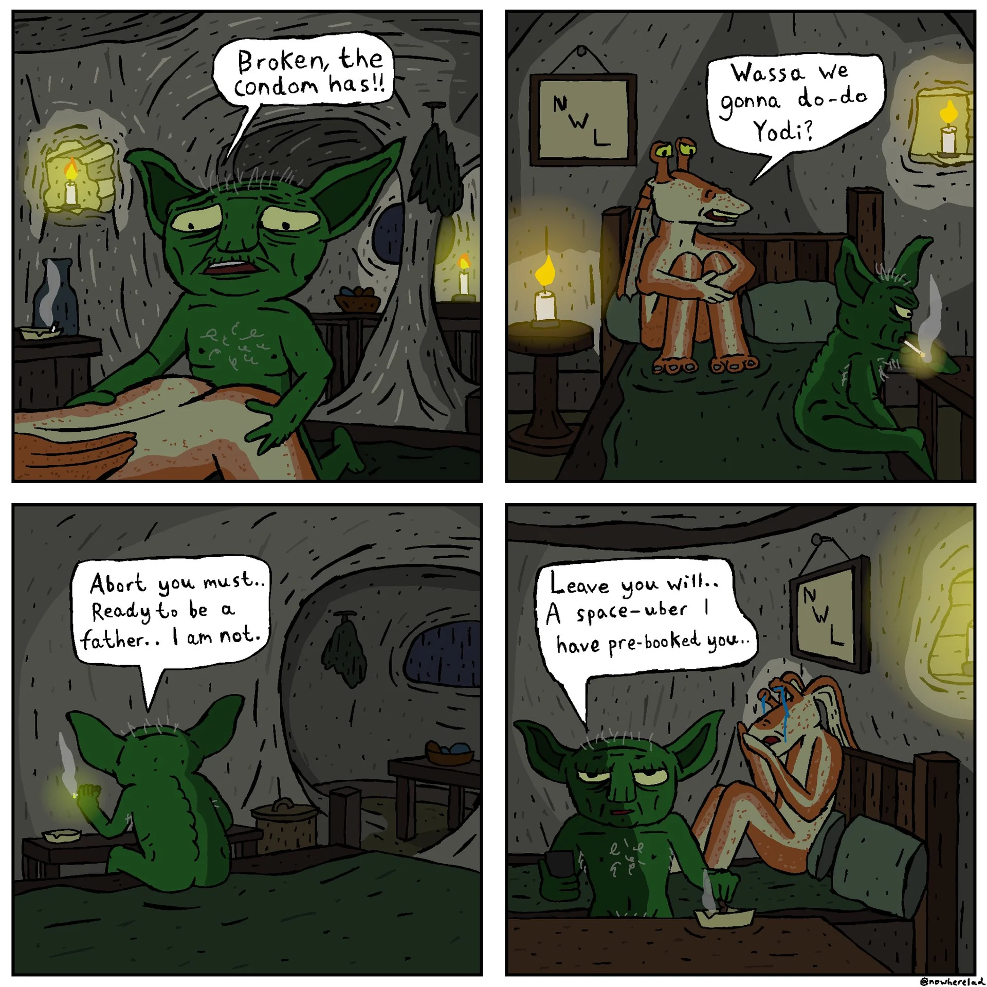 Four panel webcomic featuring Yoda and Jar Jar Binks in a bedroom scene