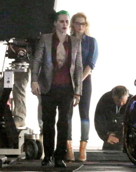 Behind-the-scenes camera monitor showing side profile of Jared Leto's Joker