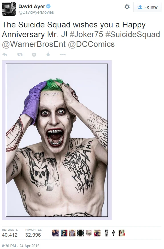 David Ayer tweet unveiling Jared Leto's Joker on Joker's 75th anniversary in April 2015