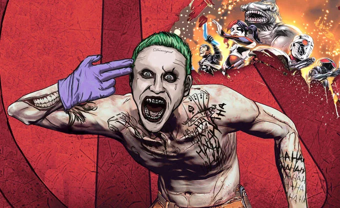 Illustrated comic-style fan art of Jared Leto's Joker screaming with the Suicide Squad behind him