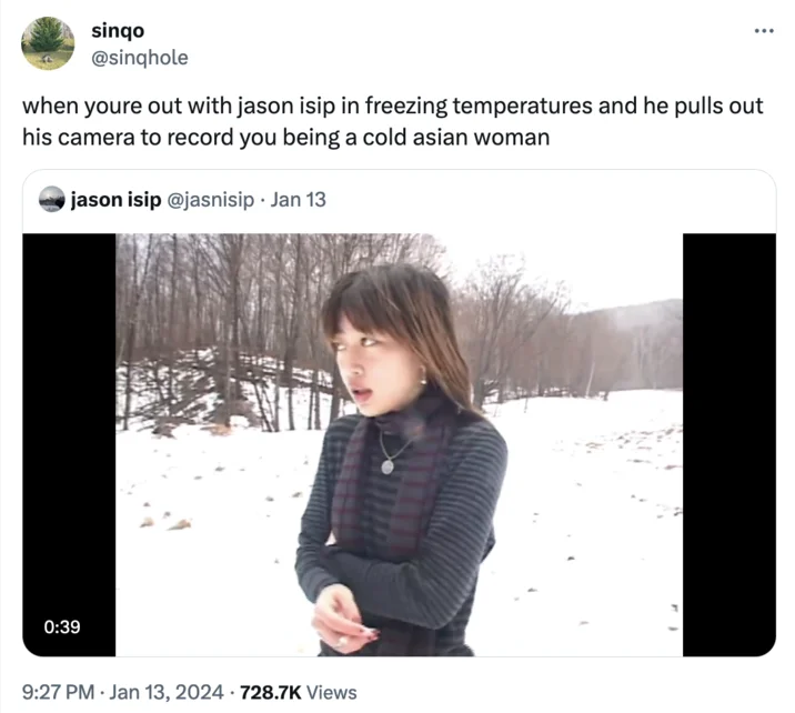 Jason Isip's Photography — Tweet screenshot joking about being filmed by Jason Isip in freezing weather