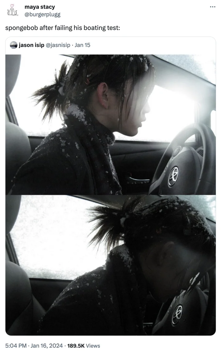 Jason Isip's Photography — Tweet comparing Jason Isip's snowy car photos to SpongeBob after failing his boating test