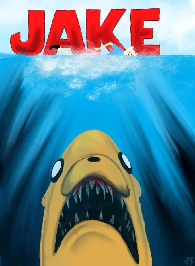 Jaws Poster Parodies — Adventure Time Jaws parody titled Jake with Jake the Dog as the shark and Finn as swimmer