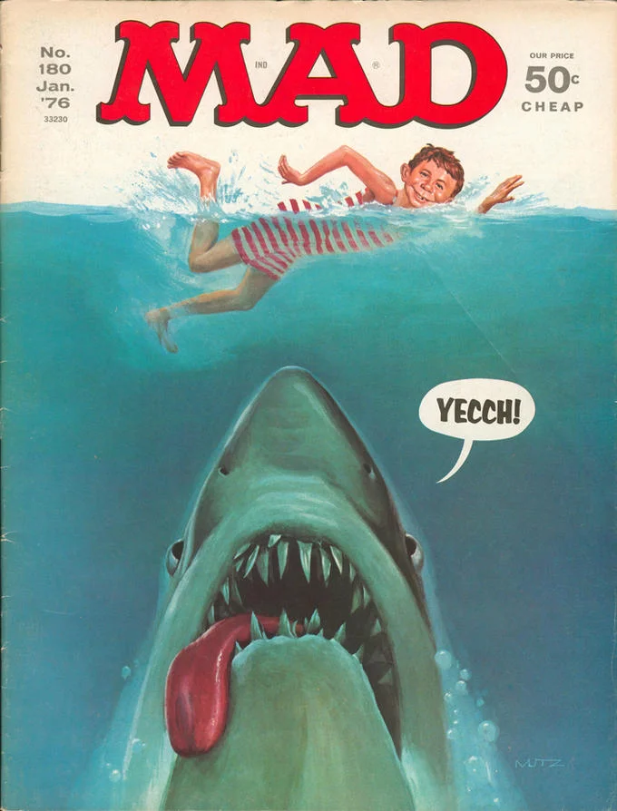 Jaws Poster Parodies — MAD Magazine #180 cover parody of Jaws with Alfred E. Neuman and shark saying Yecch
