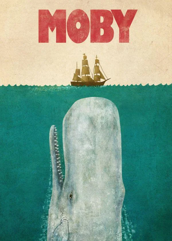 Jaws Poster Parodies — Moby Dick themed Jaws parody poster with white whale below a sailing ship
