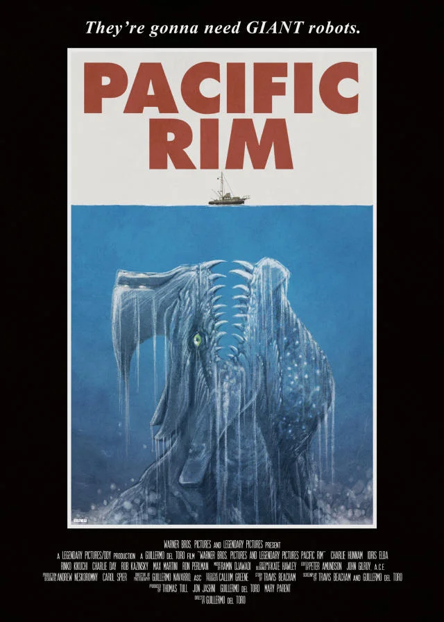 Jaws Poster Parodies — Pacific Rim fan poster in Jaws style with kaiju below a fishing boat
