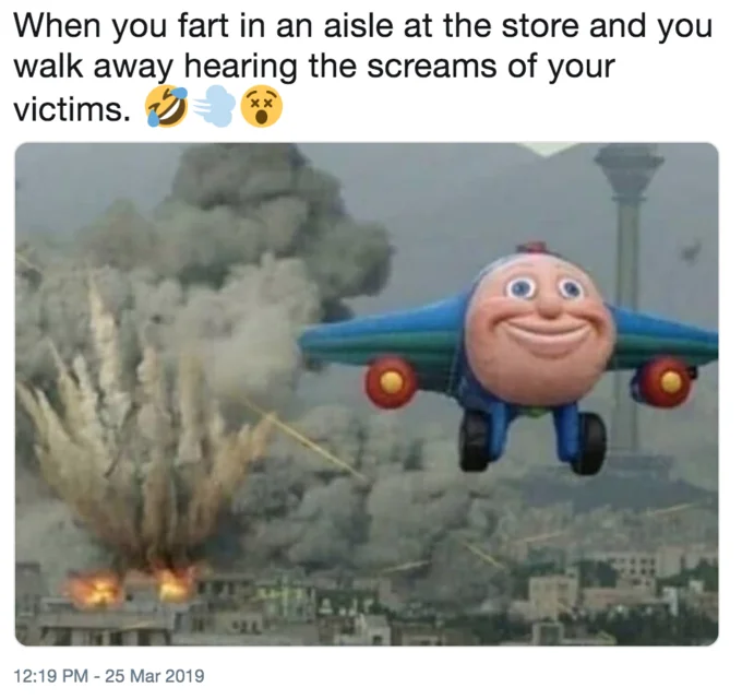 Jay Jay the Jet Plane — Tweet using the Jay Jay airstrike meme as a joke about farting in a store aisle