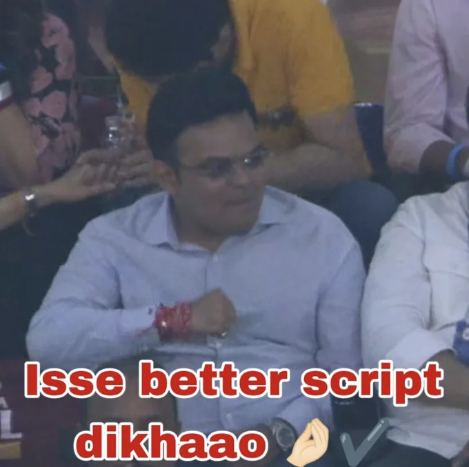 Jay Shah's Rude Hand Gesture — Jay Shah hand gesture meme with red text saying 'Isse better script dikhaao'