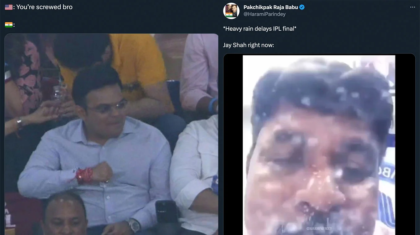 Jay Shah's Rude Hand Gesture — Tweet showing Jay Shah making a rude hand gesture at the IPL final beside a rain-soaked reaction image