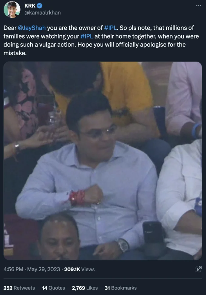 Jay Shah's Rude Hand Gesture — KRK tweet criticizing Jay Shah for his vulgar hand gesture at the IPL
