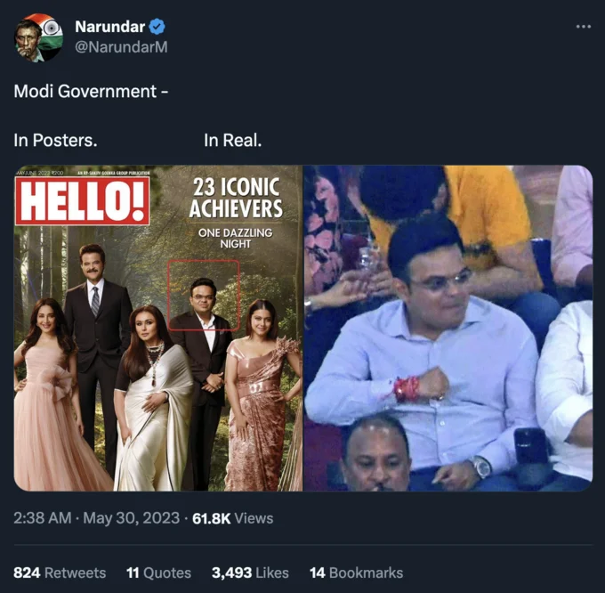 Jay Shah's Rude Hand Gesture — Tweet comparing a Hello magazine cover of Jay Shah to the rude hand gesture photo