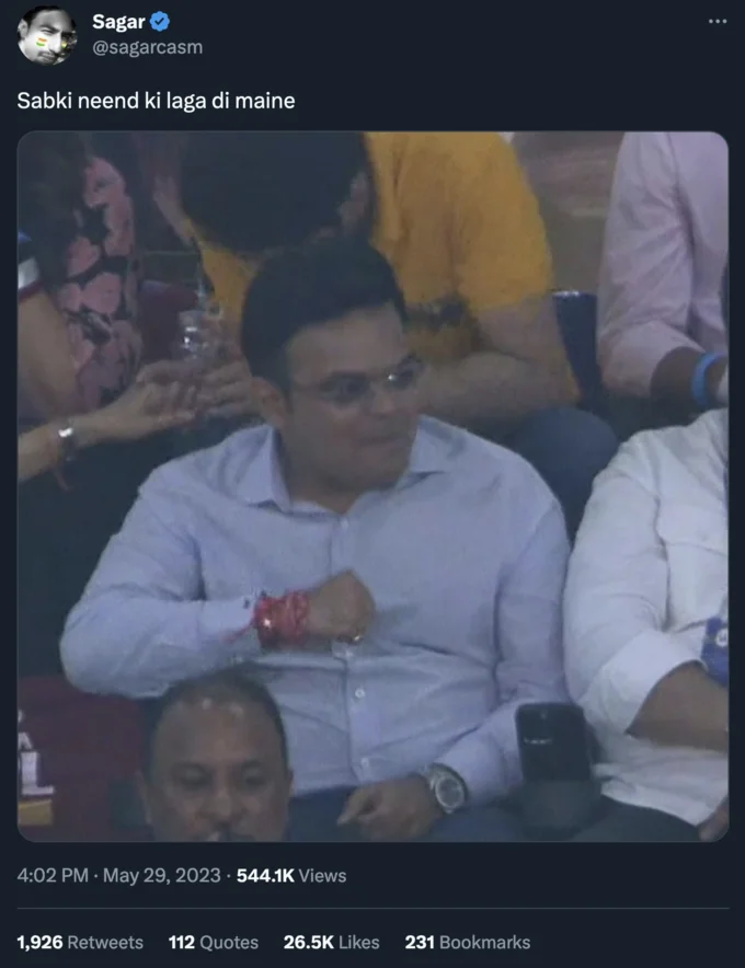 Jay Shah's Rude Hand Gesture — Tweet by Sagar featuring Jay Shah making the rude hand gesture at an IPL match